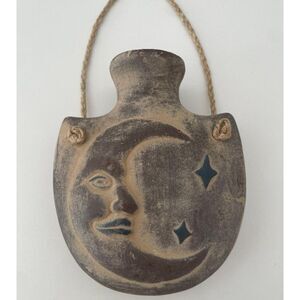 Vintage Mexican Folk Art Terra Cotta Moon Face Hanging Vase Jug